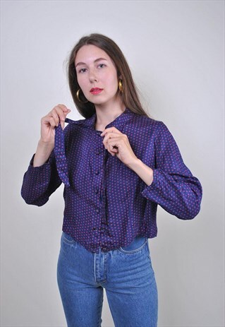90S PURPLE POLKA DOT TIE COLLAR BLOUSE, SIZE M