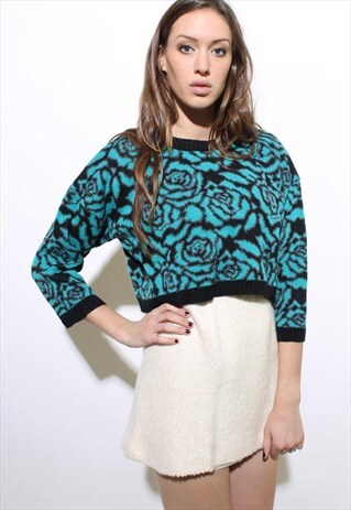 VINTAGE 1980'S 80'S CROPPED TEAL ROSE PRINT JUMPER M-L