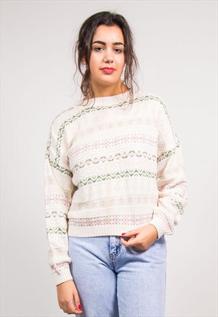 VINTAGE 90'S CUTE CREAM PATTERNED KNIT JUMPER