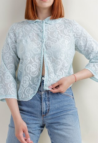 VINTAGE 60S MINT BLUE COLLARED LACE CROP BOLEGO TOP S