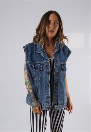 VINTAGE DENIM WAISTCOAT JACKET OVERSIZED FITTED UK 16 (AD1F)