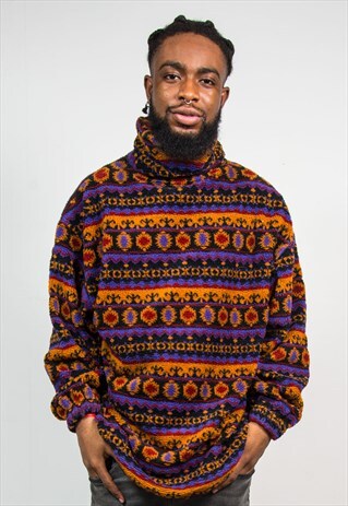 90'S ORANGE AZTEC PATTERN ROLL NECK FLEECE JACKET