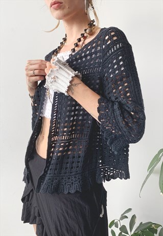 VINTAGE Y2K 00'S BLACK FISHNET LOOSE FIT KNIT CARDIGAN