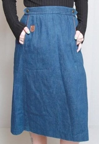 VINTAGE 1970'S DARK WASH A LINE DENIM MIDI SKIRT