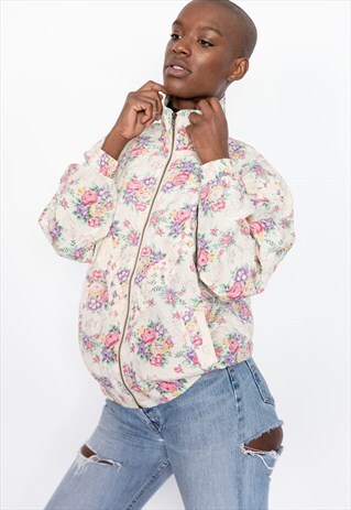 80S VINTAGE BEIGE ROSES PRINT BOMBER JACKET