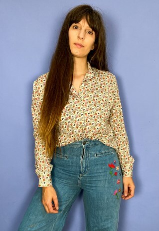 VINTAGE 70'S DITZY FLORAL LONG SLEEVE BLOUSE - S/M