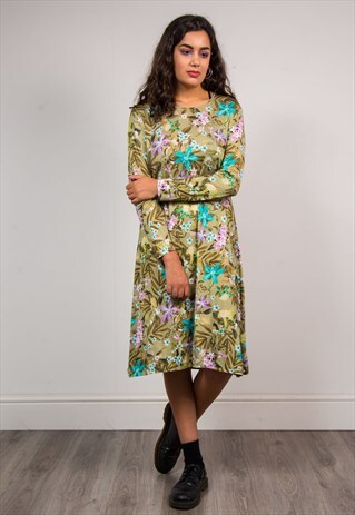 70'S VTG GREEN FLORAL PATTERN LONG SLEEVE MIDI SHIFT DRESS