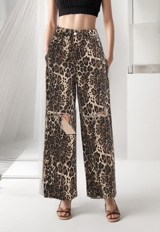 RIPPED LEOPARD JEANS WIDE ANIMAL PRINT ANKLE DENIM TROUSERS