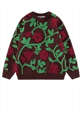 Floral applique sweater rose patch jumper flower top brown