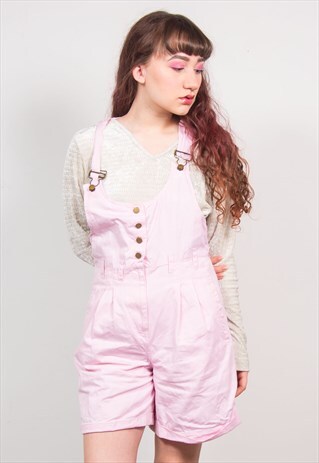 VINTAGE 90'S BABY PINK DENIM DUNGAREES SHORTS
