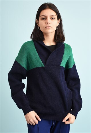 80'S RETRO NAVY CHUNKY SLOUCHY WOOL KNIT JUMPER