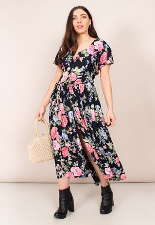VINTAGE 90S FLORAL PRINT MIDI SPLIT DRESS