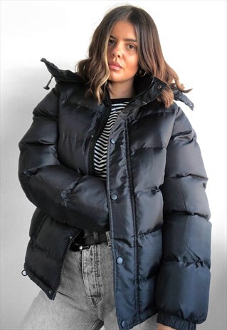 ZIP UP HOOD BIG PUFFER BUBBLE PADDED JACKET - BLACK