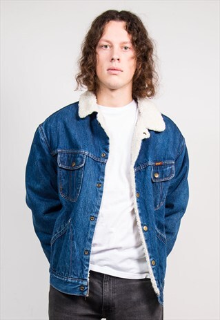 90'S VINTAGE BLUE DENIM FAUX SHERLING LINED JACKET