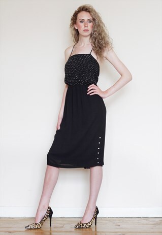 VINTAGE 1970S BLACK & GOLD DISCO MIDI DRESS