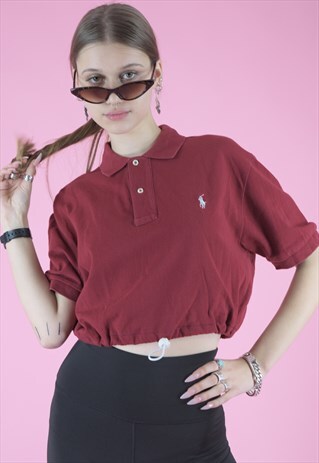 VINTAGE REWORKED RALPH LAUREN CROP TOP POLO SHIRT IN MAROON