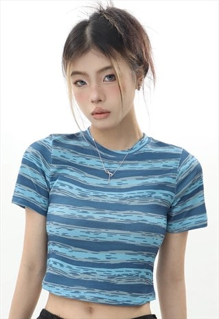 STRIPE PRINT CROP TOP PREPPY T-SHIRT GRUNGE TOP IN BLUE