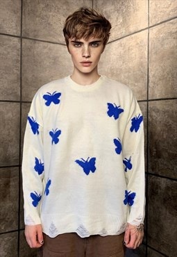 Butterfly sweater ripped jumper Grunge knitwear top in white