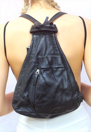 1990S VINTAGE JET BLACK REAL LEATHER BACKPACK