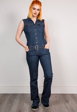 VINTAGE 00'S Y2K DARK BLUE DENIM SLEEVELESS JUMPSUIT
