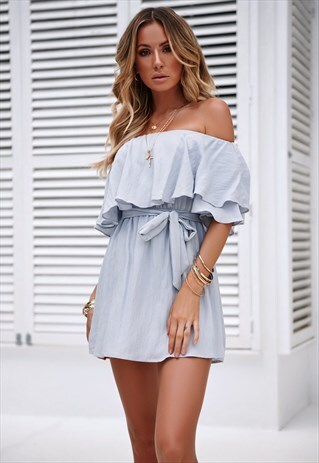BABY BLUE OFF THE SHOULDER DRESS W/ LAYERED BODICE