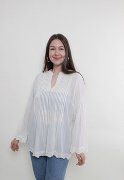 Vintage 90s white blouse, sheer lace blouse loose summer 