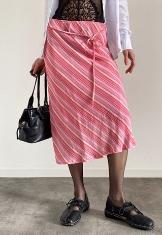 VINTAGE PINK STRIPED MIDI SKIRT WITH MESH OUTER FABRIC 