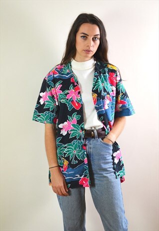 90S VINTAGE ABSTRACT BLACK HAWAIIAN PRINTED FESTIVAL SHIRT