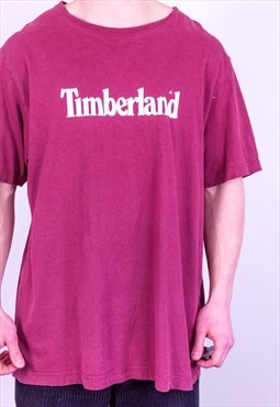 Vintage Timberland Spell Out T-Shirt in Burgundy XL
