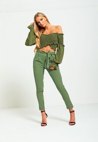 GREEN STRIPED HIGH WAISTED TAPERED TROUSERS