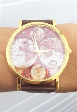 Cute brown world map vintage inspired watch 