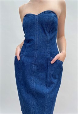 80's Dany of Paris Ladies Vintage Blue Denim Strapless Dress