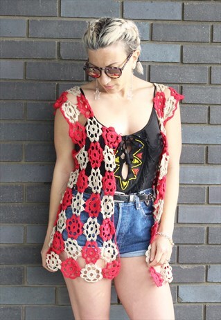 VINTAGE 1970S RED AND STONE CROCHET SLEEVELESS JACKET
