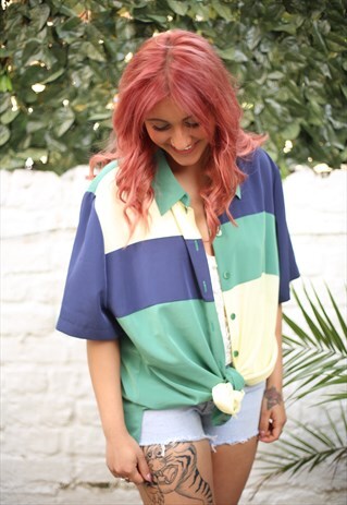 VINTAGE COLOUR BLOCK SILKY SHIRT
