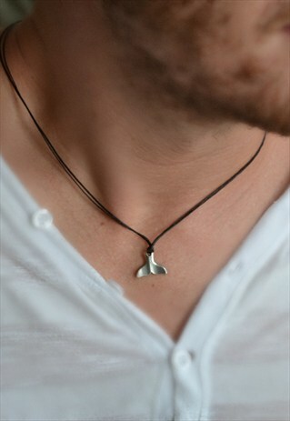 SILVER PLATED WHALE TAIL BLACK CORD NECKLACE FOR MEN