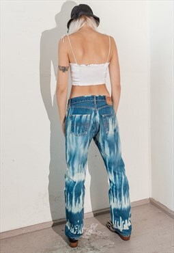 90's Vintage reworked splashed denim jeans in light blue