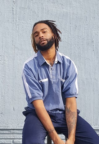 80S 90S MINIMALIST SKATER BLUE STRIPE POPOVER POLO SHIRT