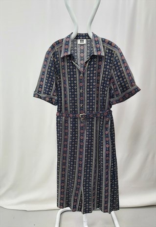 90s Vintage LP Print Shirt Dress Navy