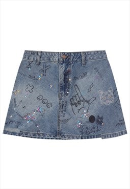 Embellished denim skirt graffiti print mini in jean blue 