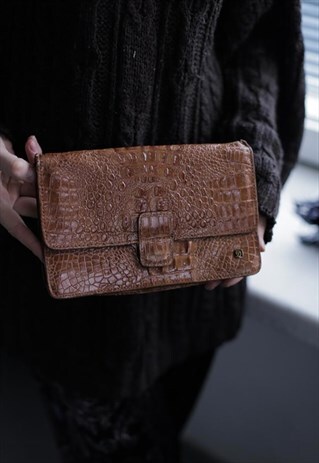 VINTAGE 70'S BROWN LEATHER SNAKE SKIN LIKE BAG