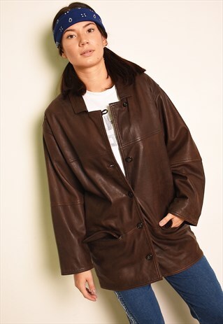 VINTAGE 80'S RETRO REAL LEATHER OVERSIZED JACKET IN BROWN