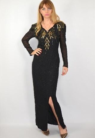VINTAGE PREMIUM BLACK GOLD SEQUIN MAXI PROM / EVENING DRESS