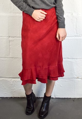 VINTAGE 90S RED SILK RUFFLE SKIRT
