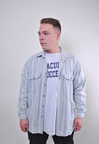 MEN VINTAGE STRIPED WORKER LONG SLEEVE SHIRT