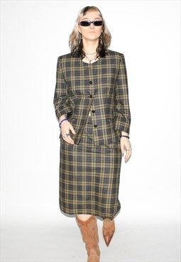Vintage Y2K plaid skirt set formal co-ords in grey / yellow