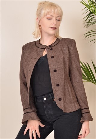 VINTAGE WOOL FITTED BLAZER JACKET BROWN 90S