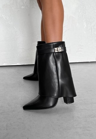 APRIL Flared Calf Boots - Black PU