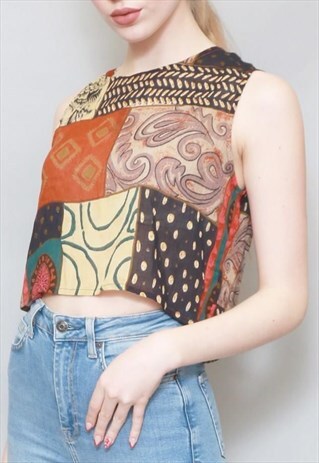 VINTAGE 1990'S PRETTY MIXED PRINT PATCHWORK CROP TOP