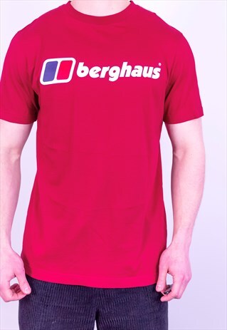 VINTAGE BERGHAUS SPELL OUT LOGO T-SHIRT IN RED MEDIUM