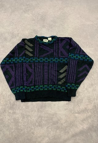 VINTAGE KNITTED JUMPER PATTERNED KNIT WITH LEATHER TRIM